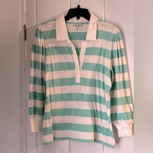 LOFT Striped Puff Sleeve Collared Shirt NWT Aqua and White Size M